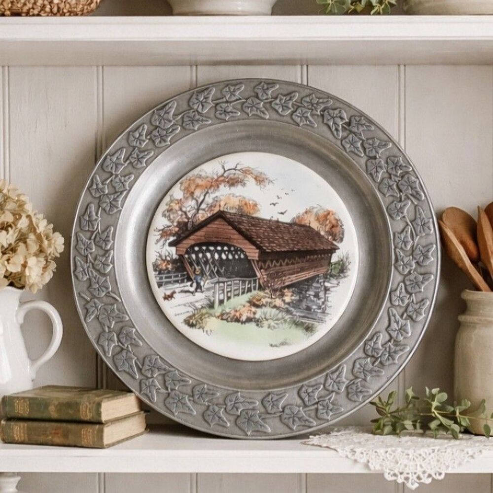 Vintage Heritage 11" Pewter Wilton Armetale Plate WALK YOUR HORSE Covered Bridge